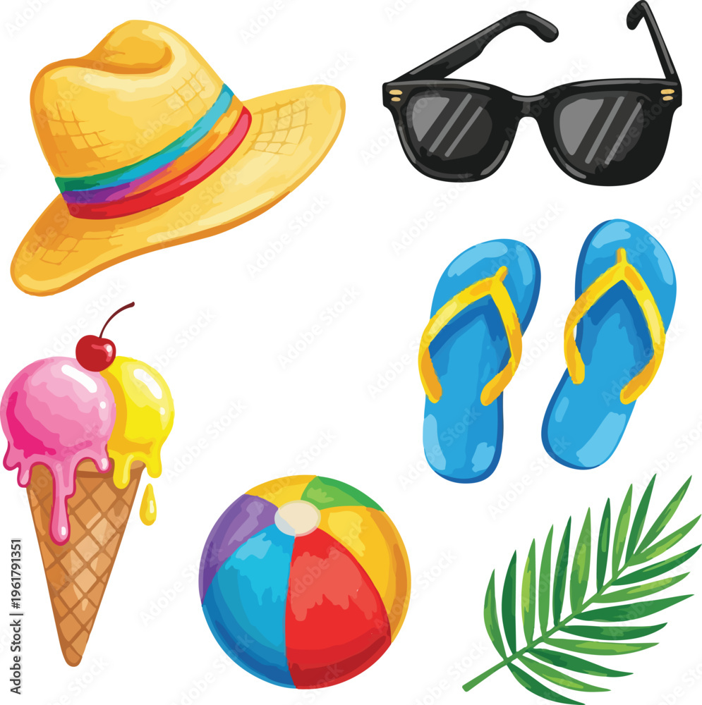 Fototapeta premium Set of Summer Holiday Essentials and Tropical Beach Elements on White Background