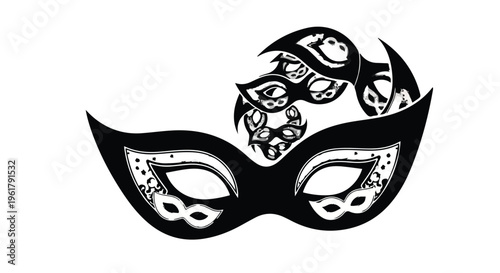 Intricate black masquerade mask with ornate detailing against a white background