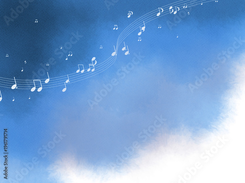 ブルーの水彩の空に舞う音符