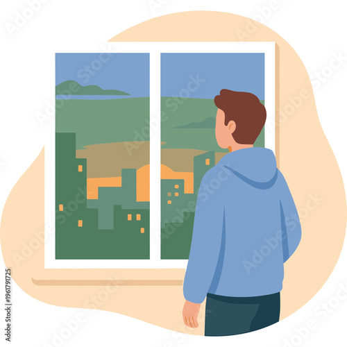 Man looks out window at city view from room with landscape