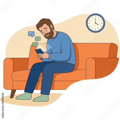 Man sitting on couch checks phone with notifications near clock
