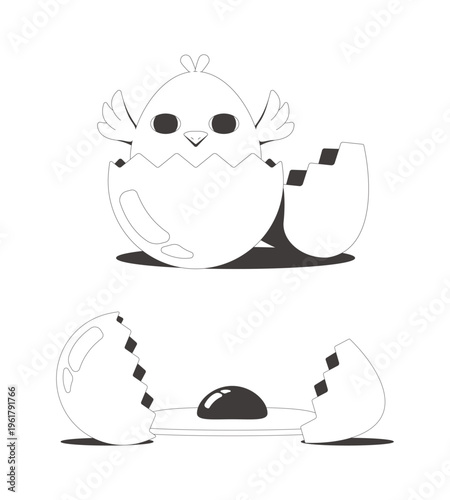 Cute chick hatching from egg clean flash message illustration set. Cracked eggshell. Groovy retro bird. Mobile app UI states. Error success. Micro UX done failure. Black and white line vector concepts