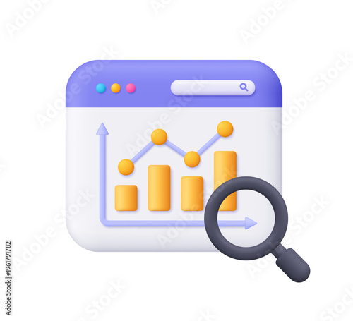 Web browser window with chart line graph and magnifying glass. Online analytics, SEO, research, digital marketing, website statistics, and data analysis concept. 3d vector icon. Cartoon minimal style.