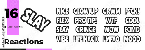 Trendy slang reactions bold outline call to action words pack. Online culture. Gen z viral social media. Black and white text. Bubble lettering. Playful stickers web design. Ranchers font used