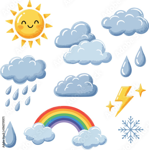 Cute Weather Icons Set for Spring and Earth Day, Kawaii Sun, Clouds, Rain, Rainbow, and Storm Vector Illustration on White Background