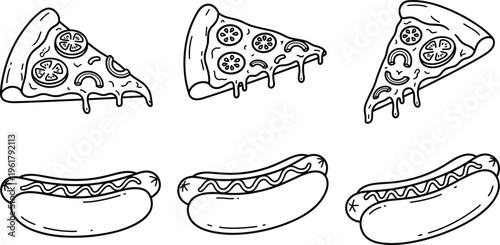 Set of Hand-Drawn Pizza Slices and Hot Dogs with Detailed Illustrations in Black and White