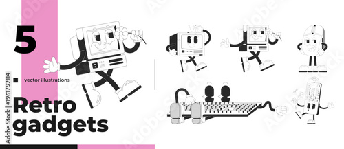 Computer and tech outline groovy mascot characters pack. Mouse keyboard. Anthropomorphic gadgets in rubber hose style. Black and white vector illustration. Comic personage set with funky vibe