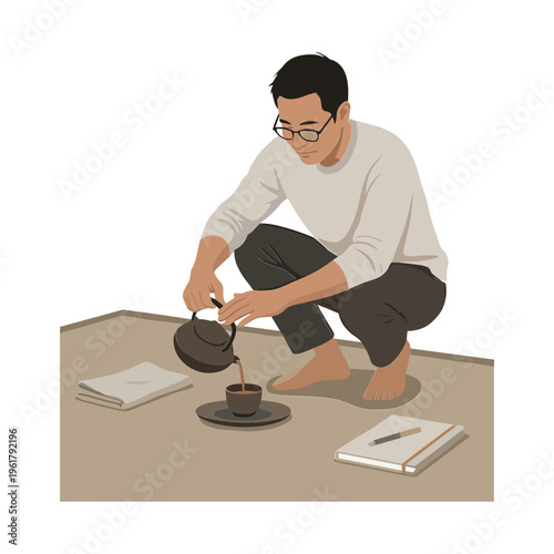 Man pouring tea on floor with books