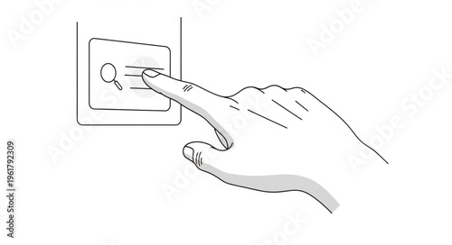 Hand pressing a search button, simple line drawing.