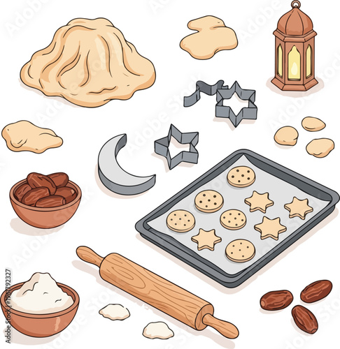 Ramadan and Eid Al-Fitr Baking Concept with Moon Star Cookie Cutters, Dough, Dates, and Lantern