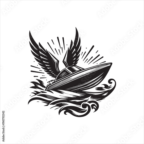 Black and white vector illustration of a stylized boat with wings emerging from water against a clean white background with dynamic lines.