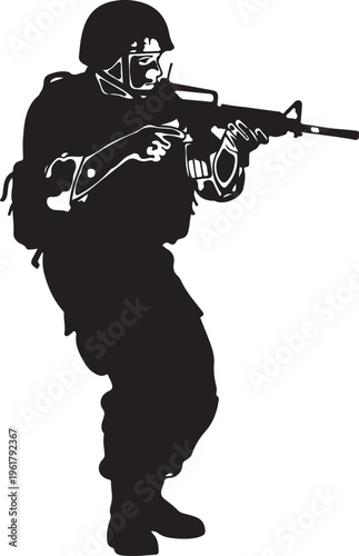 Black silhouette soldier, military man, combat illustration, gun vector