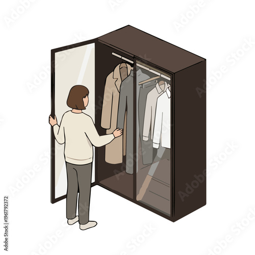 A woman opens a large brown wardrobe with clothes hanging inside.