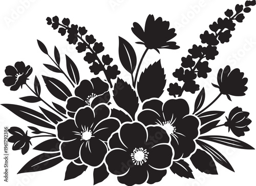 Black floral bouquet, flower arrangement, silhouette illustration, vector graphics