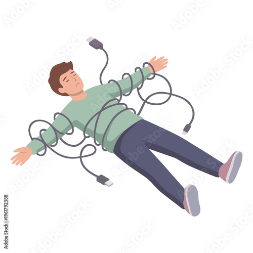 A man lies on the floor tangled in multiple cords and cables.