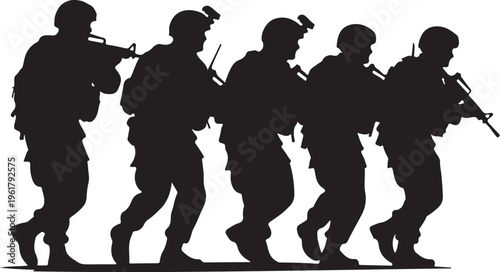 Military soldiers, army troops, combat team, silhouette icons