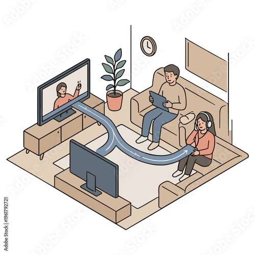 A man and woman video chatting in a living room with technology