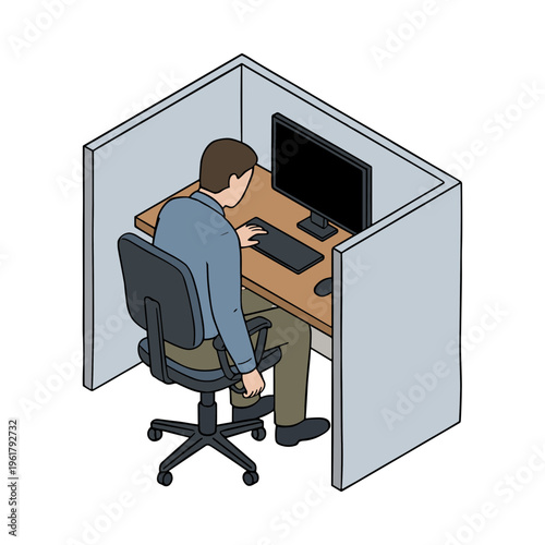 Man working on computer at office desk in cubicle