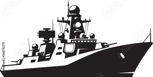 Military warship, naval vessel, black silhouette, vector illustration, combat ship