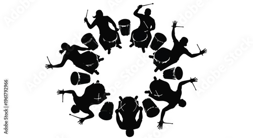 Ensemble of drummers creates rhythmic circle, celebrating unity and music