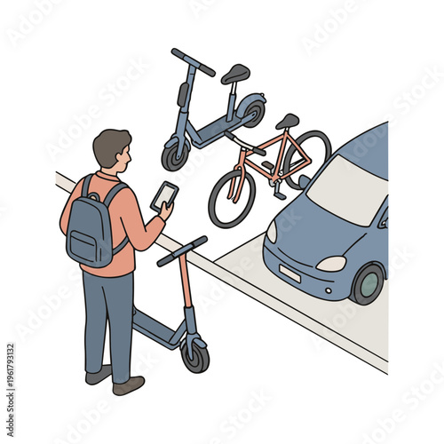 Man standing beside scooter looking at phone with bike and car nearby