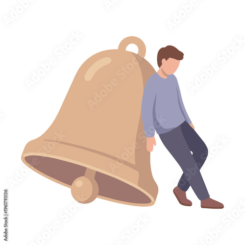 Man leaning on a large bell with a somber expression in an indoor setting
