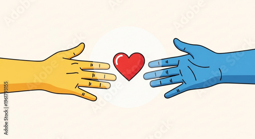 Two hands reaching for a heart symbolizing love and connection on a neutral background