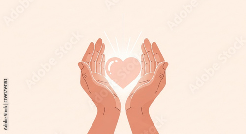 Hands cradling glowing heart symbol representing love care and compassion on a soft background