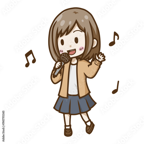 カラオケでマイクを持って楽しそうに歌う女性のデフォルメベクターイラスト