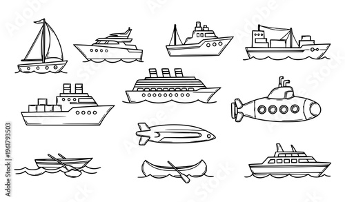 Doodle ships and boats icon collection with hand drawn marine vessel sketch vector set isolated on white background