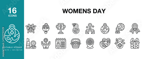 Women Day icon set. Includes woman, empowerment, equality, feminism, rights and More. Editable Stroke Icon Collection.