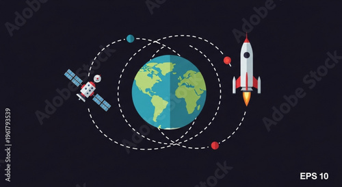 Earth orbit with satellite and rocket space exploration concept