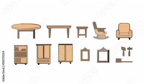 Modern thin line wood furniture icon collection with tables chairs and carpentry elements vector set isolated on white background
