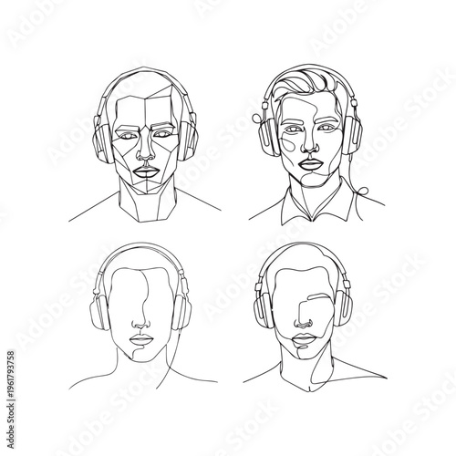 People wearing headphones line art