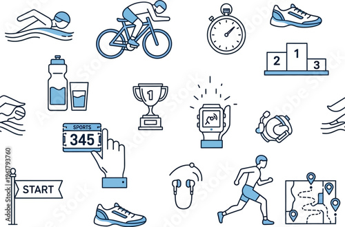 A collection of stylized icons represents various triathlon and endurance sports activities including swimming, cycling, and running metrics.