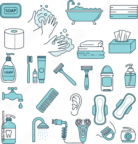 A collection of line art icons representing various personal hygiene and bathroom items is displayed against a white background.