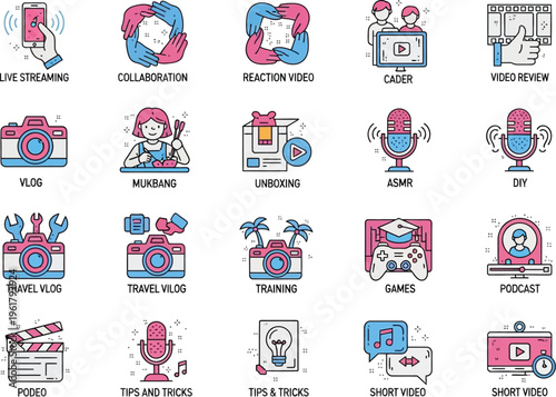 A collection of colorful, stylized icons illustrates various concepts related to modern content creation, vlogging, and digital media production.