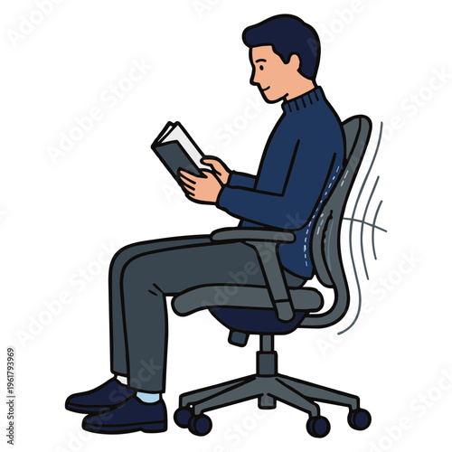Man sitting on office chair reading book with good posture