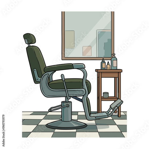 A barber chair sits in front of a mirror in a salon