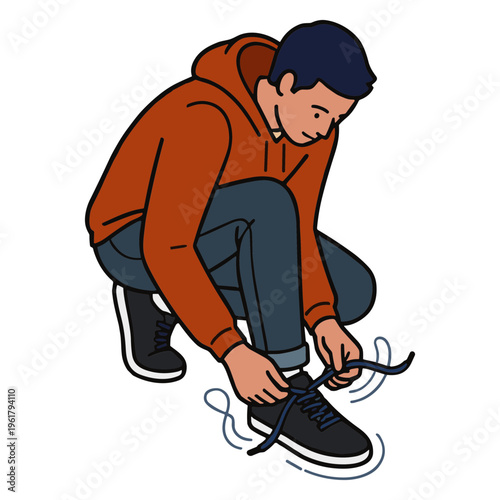 Man tying shoelaces on black sneakers while crouching outside