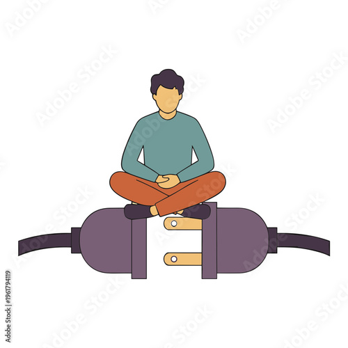 Man sits cross-legged on electrical plug in meditative pose