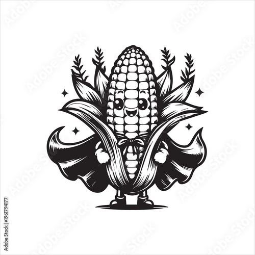 A black and white vector illustration of a smiling anthropomorphic ear of corn with leaves and stalks on a plain background, conveying a playful mood with bold lines.