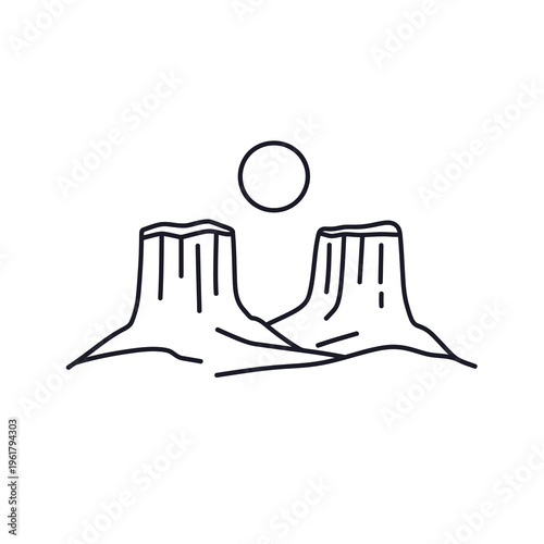 Vector of a desert landscape with two rock formations and a bright sun overhead.