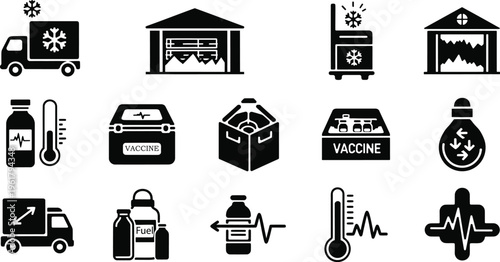 Collection of black and white icons related to refrigeration temperature and transportation