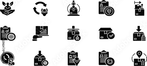 Collection of 14 black and white icons representing various city and transportation concepts