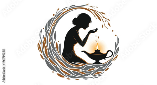 Silhouette of a woman gently pouring water into a glowing oil lamp, symbolizing hope and inspiration.