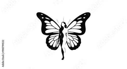 Graceful silhouette of a woman merging with elegant butterfly wings, symbolizing transformation and freedom.