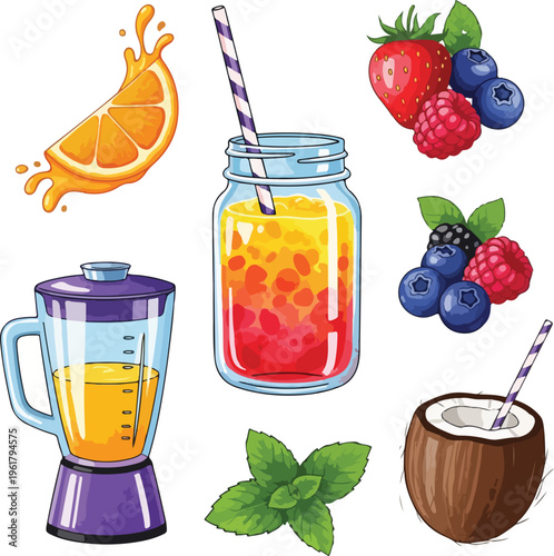 Healthy Fruit Smoothie and Fresh Ingredients Illustration Set for Wellness and Earth Day Concept