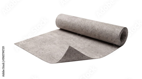 Photos Grey soundproofing mat unrolled, a textured roll of construction underlayment material for noise insulation