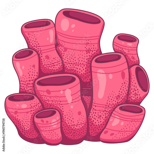hand-drawn sea sponge coral illustration, Featuring hollow tubular structures and a bright magenta-pink hue